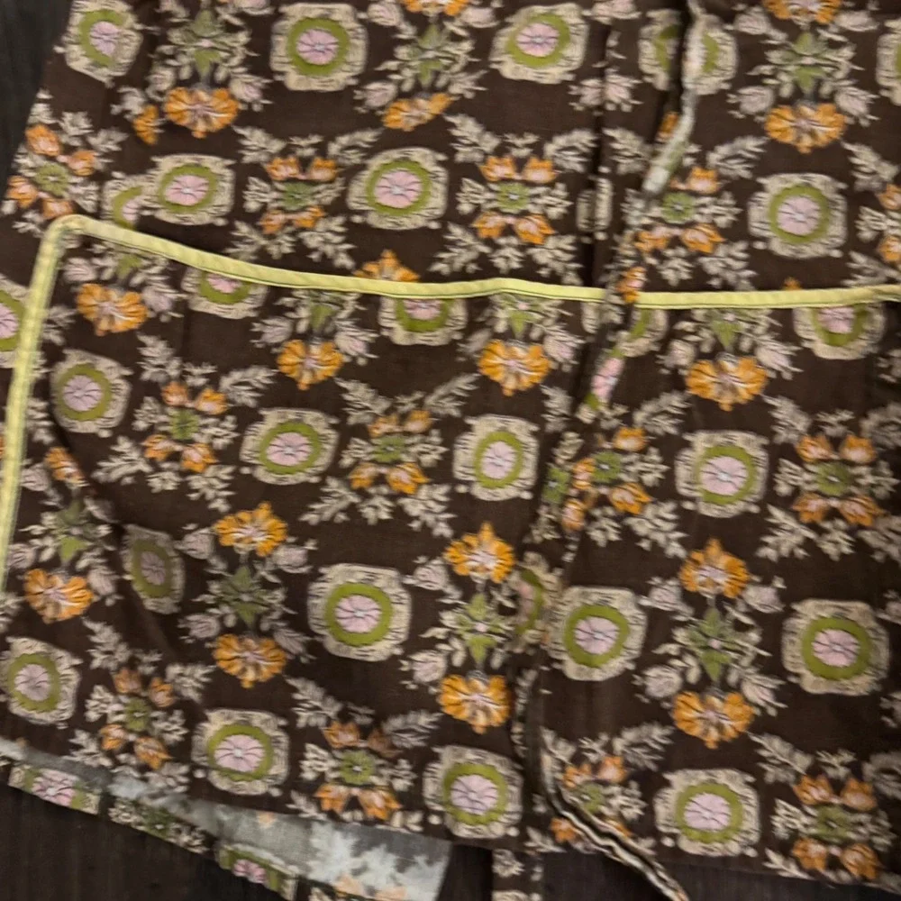 Vintage 2 Apron Set Smock Bib Floral Striped Brown Yellow Retro Mid Century